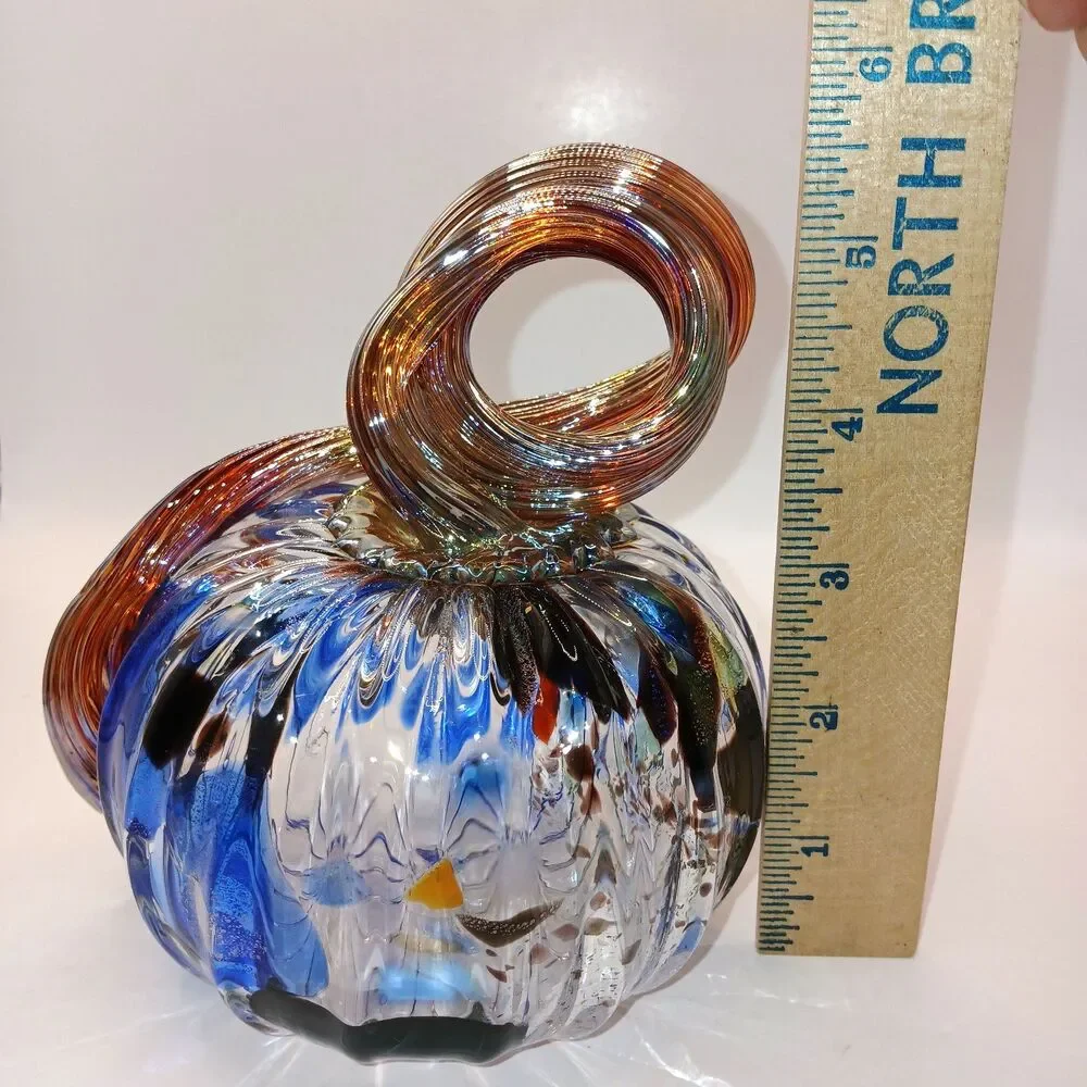 Studio Art Glass Signed Hand Blown  Pumpkin Sculpture Blue Black & Gold 5 in